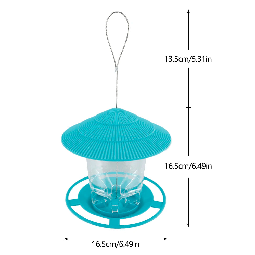 Turquoise hanging bird feeder with a ribbed roof, clear basin, and dimensions labeled.