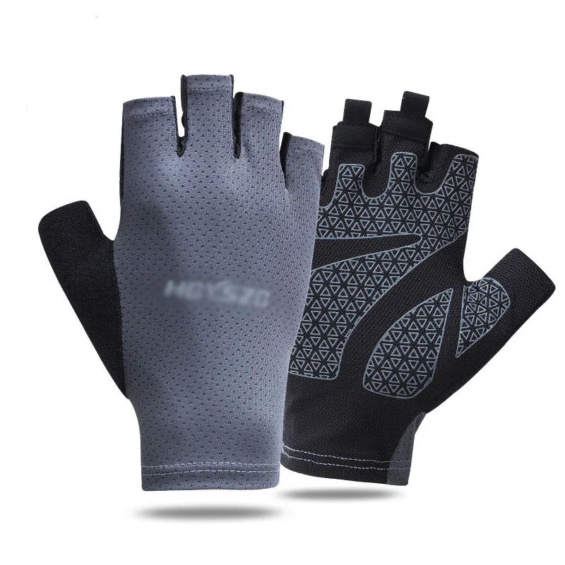 A pair of fingerless grey and black cycling gloves with a textured, patterned grip palm.