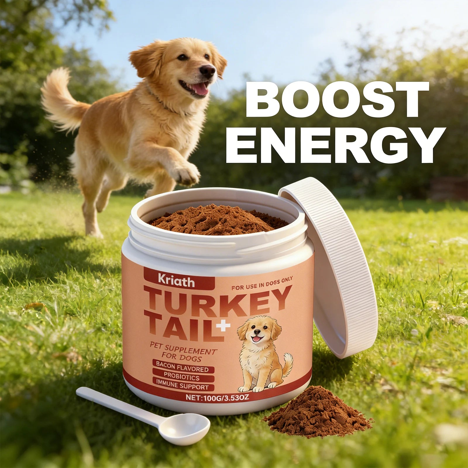 Bacon-flavoured dog supplement powder for immune support in a white jar with a scoop on a grassy lawn background.