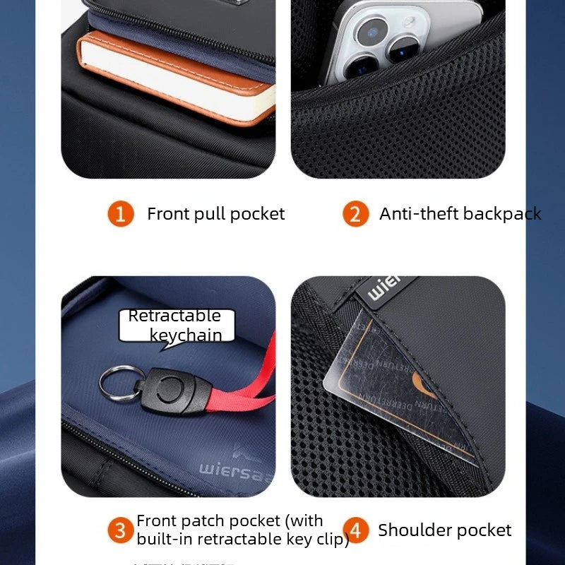 Black waterproof anti-theft sling bag featuring a front pocket, retractable key clip, and handy shoulder pocket.