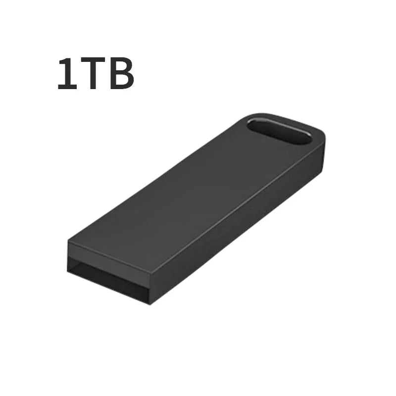 Sleek matte black 1TB metal USB flash drive with a rectangular design and integrated keyring hole.