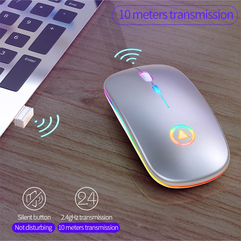 Slim, silver wireless ergonomic mouse with vibrant RGB lighting, silent buttons, and a USB receiver on a desk.
