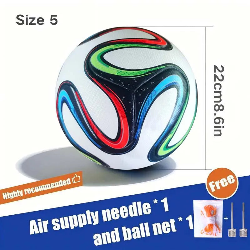 Size 5 white football with colourful red, green, and blue patterns, including a free ball net and air inflation needle.