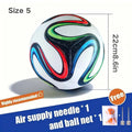 Size 5 white football with colourful red, green, and blue patterns, including a free ball net and air inflation needle.