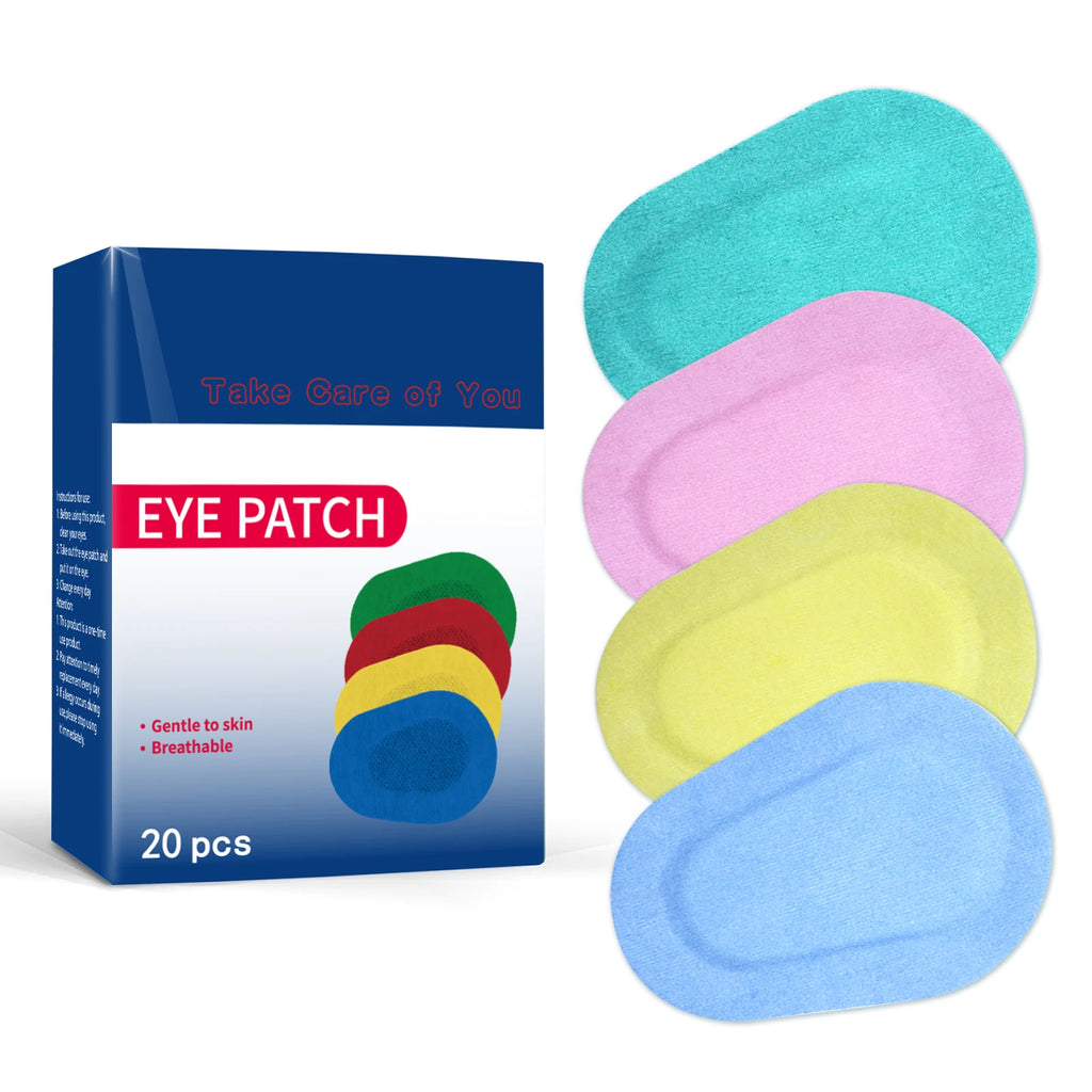 Box of 20 multicolored, breathable, fabric adhesive eye patches in teal, pink, yellow, and light blue.