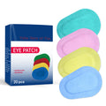 Box of 20 multicolored, breathable, fabric adhesive eye patches in teal, pink, yellow, and light blue.