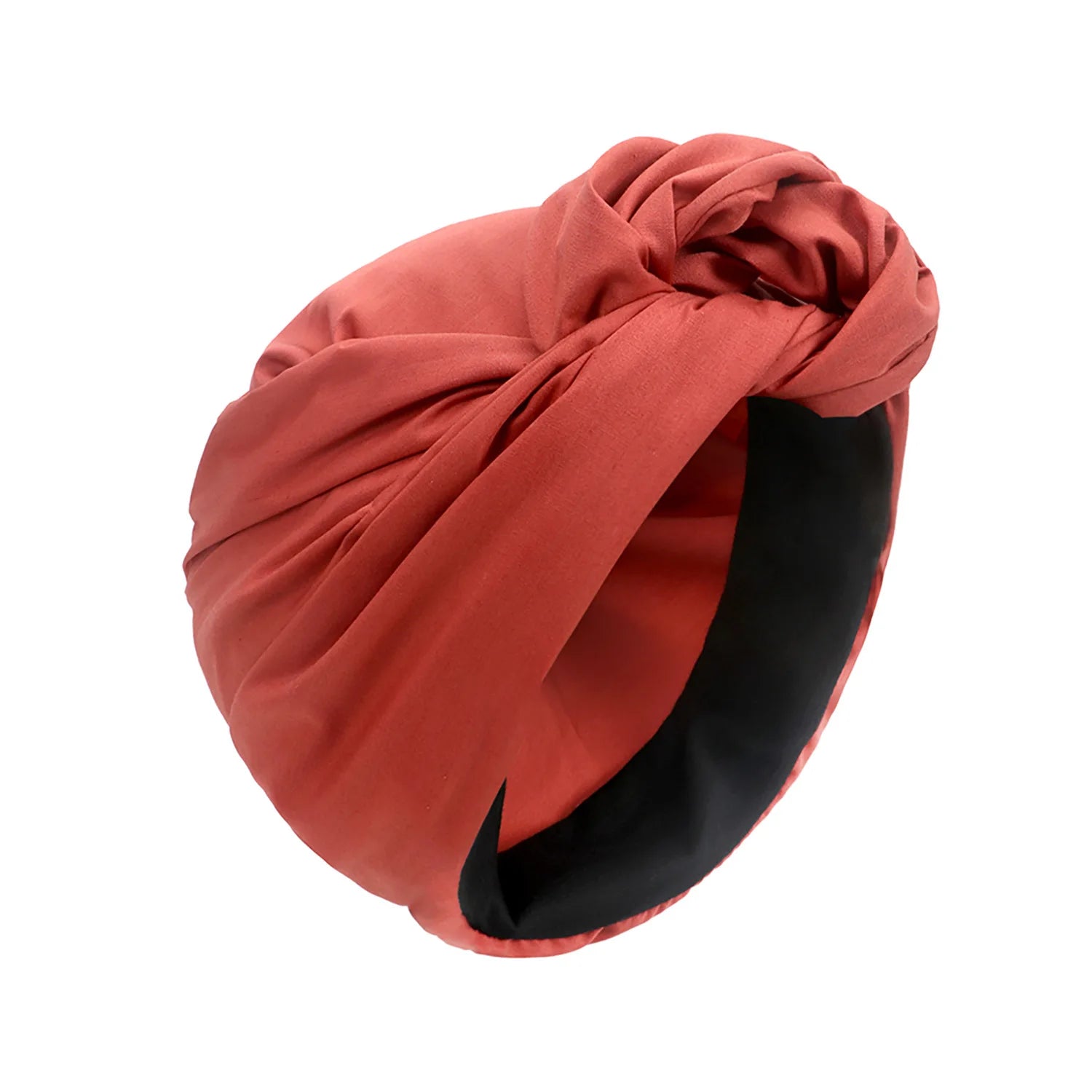 Vintage-style terracotta knotted turban hat with a contrasting black inner lining.