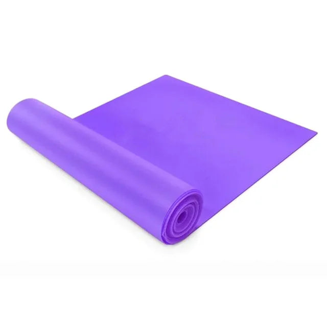 A bright purple resistance band partially unrolled against a plain white background.