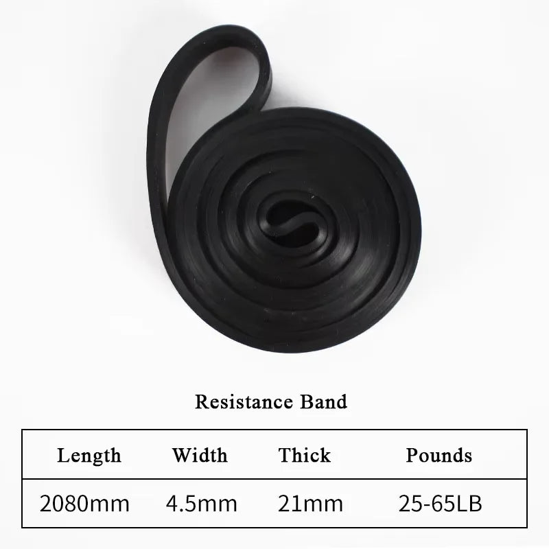 A coiled black rubber resistance band, with a table displaying dimensions: 2080mm length and 25-65LB resistance.