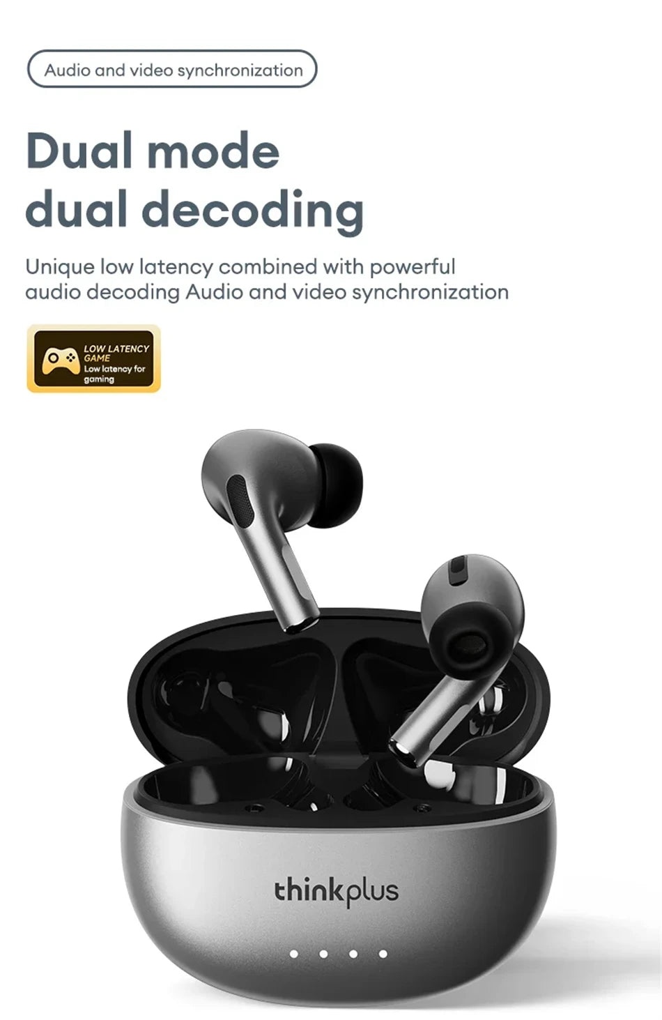 Grey wireless earbuds in a matching metallic charging case, promoting low-latency audio for gaming.