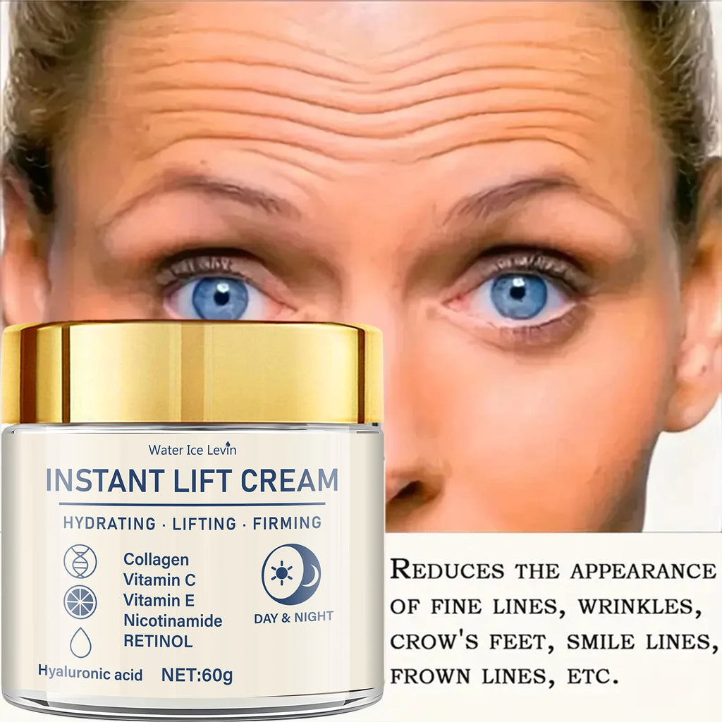 60g jar of anti-ageing instant lift cream with gold lid, featuring collagen, retinol, and hydrating ingredients.