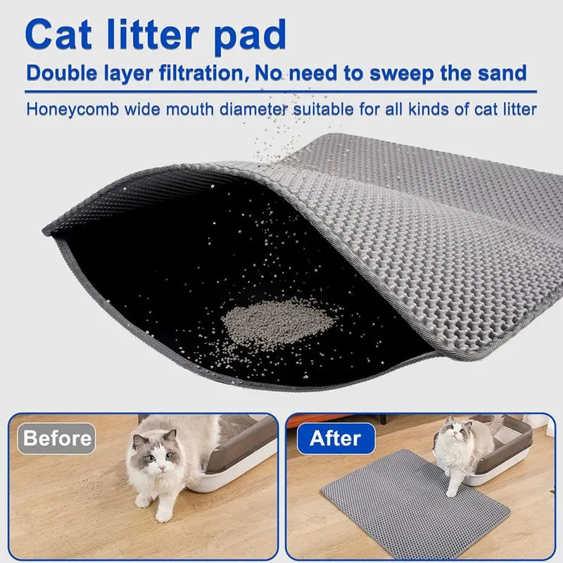 Grey, double-layered waterproof cat litter mat with a honeycomb top layer to trap loose litter for easy cleaning.