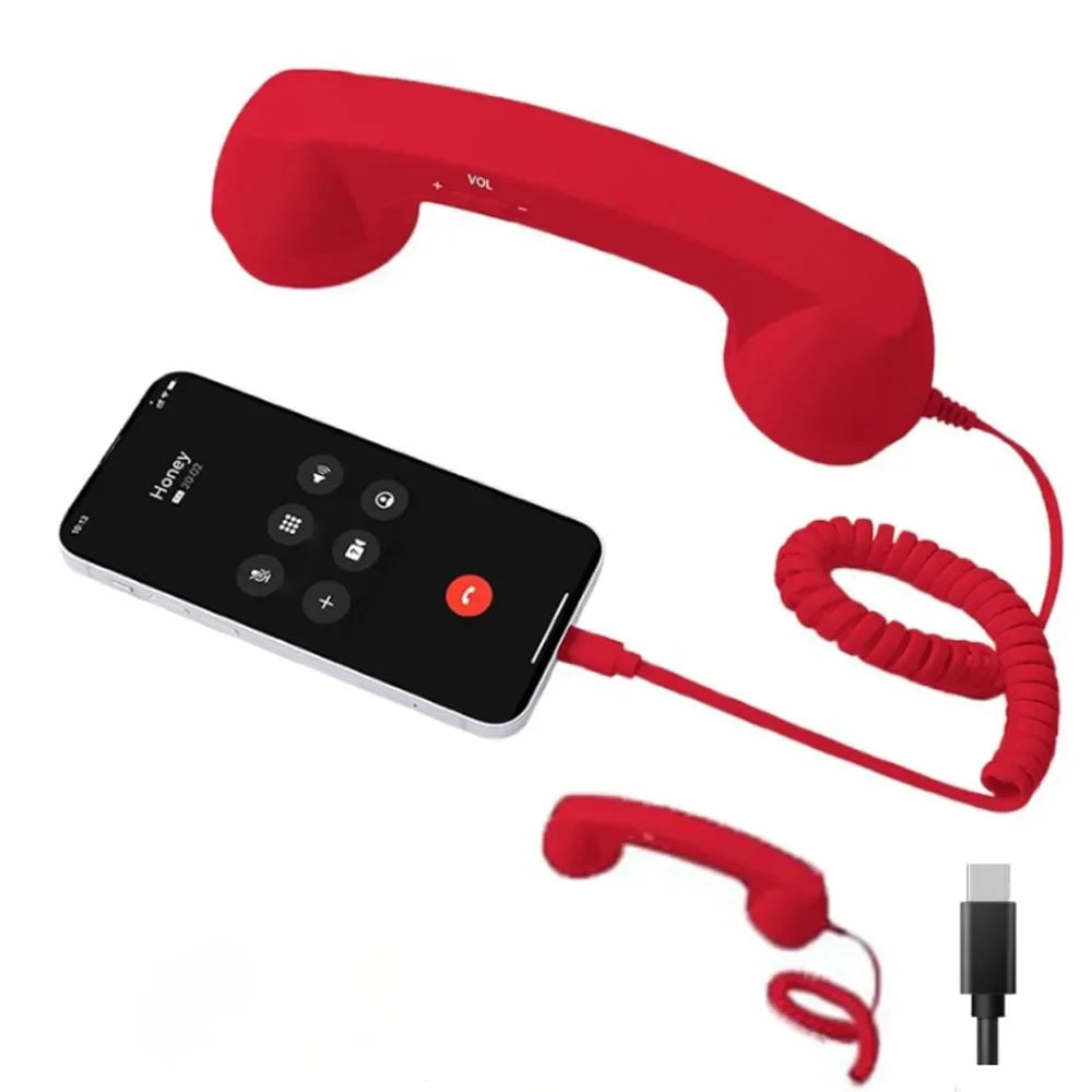 Bright red retro-style telephone handset with a curly cord, plugged into a smartphone for hands-free calling.