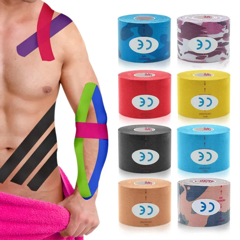 A man demonstrating colourful kinesiology tape applied to his body, alongside eight rolls in various colours and prints.