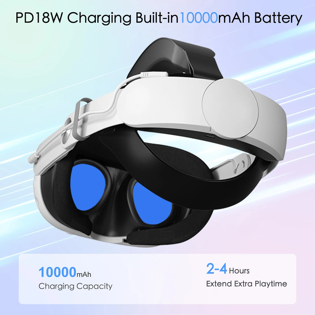 White and black VR headset replacement head strap with a built-in battery pack and adjustable side dial.