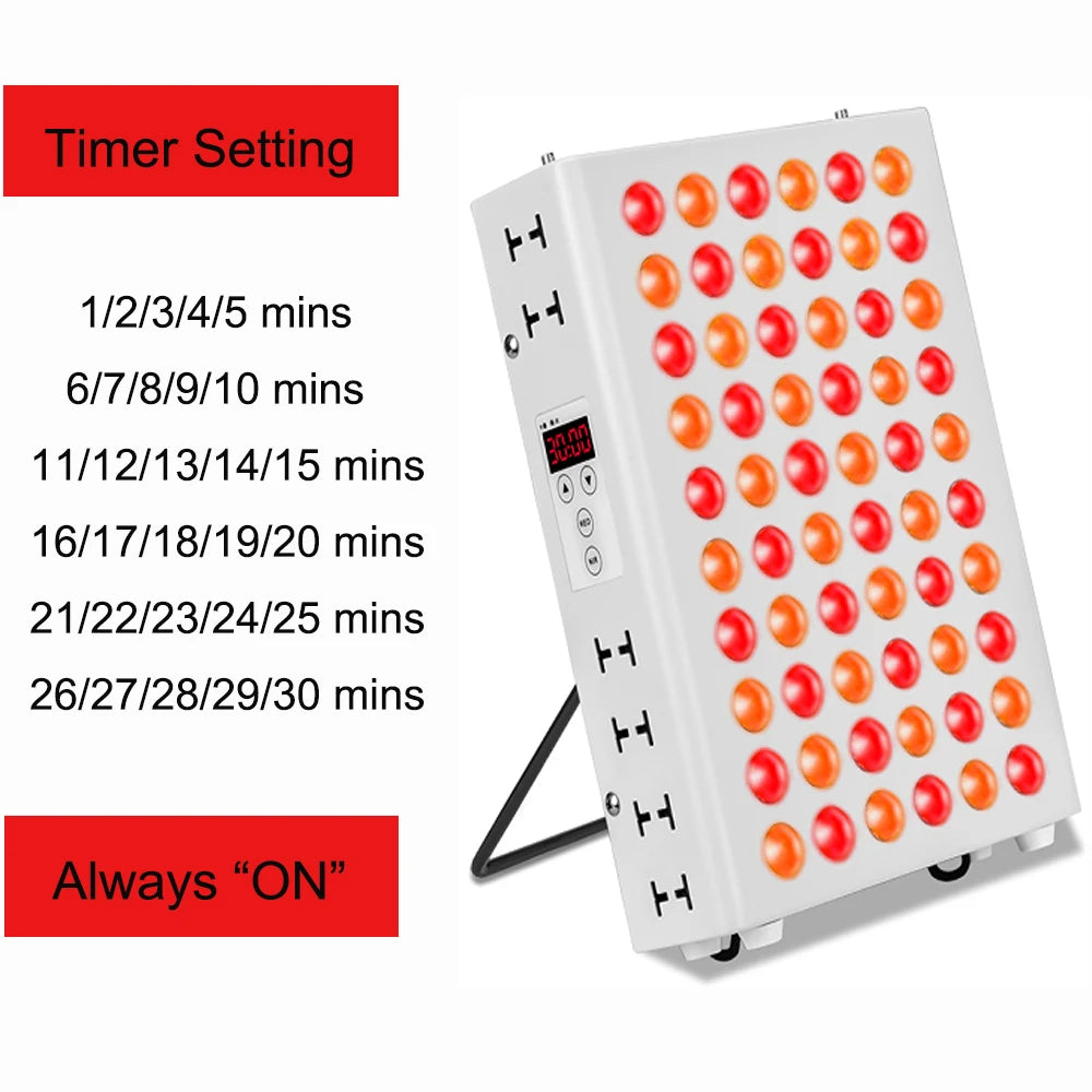 Red light therapy device with a grid of red and orange LEDs, control panel, and timer settings list from 1 to 30 mins.