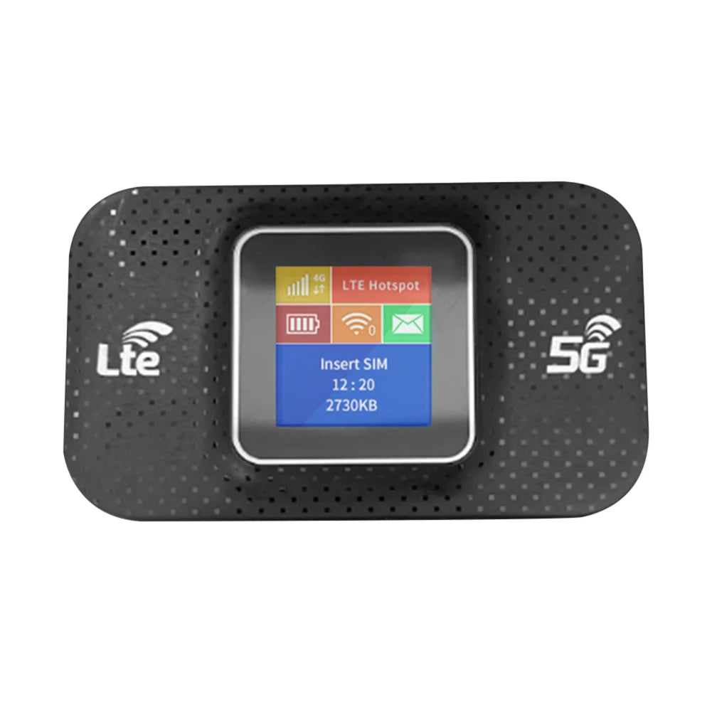 Compact black portable 4G LTE Wi-Fi router with a clear colour status screen and dot-patterned finish.