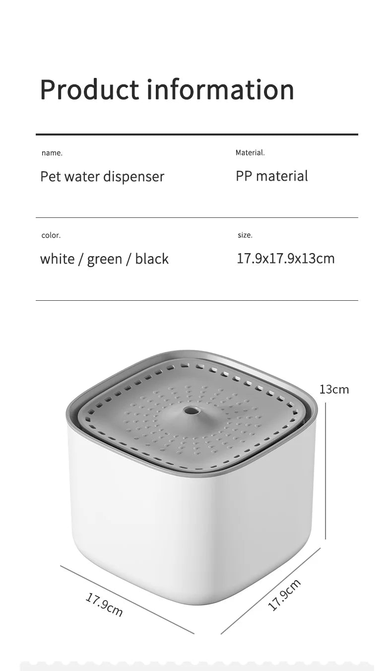 Square pet water dispenser, white body with a grey perforated top. Dimensions: 17.9x17.9x13cm. Minimalist design.