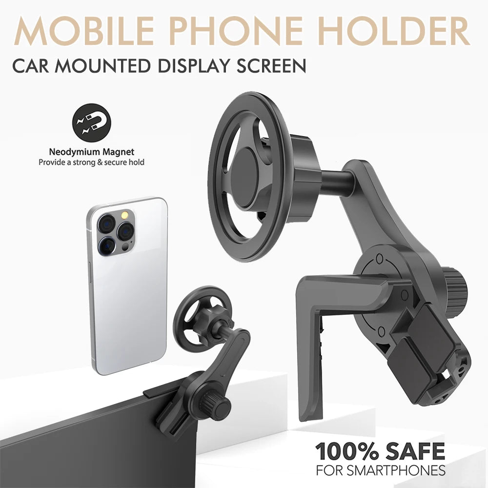 Black magnetic car phone holder designed to mount onto a vehicle dashboard display screen.
