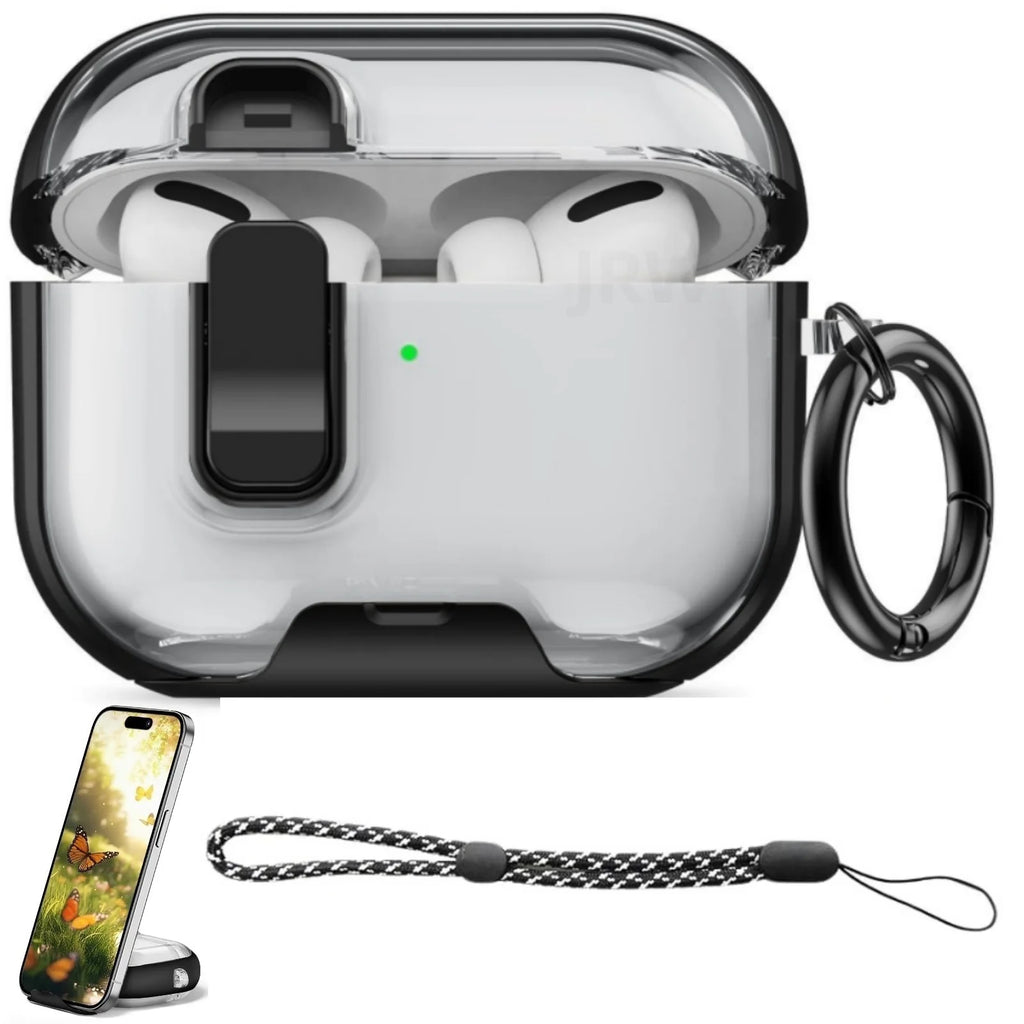 Clear black protective case for AirPods Pro with carabiner and wrist strap.