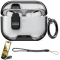 Clear black protective case for AirPods Pro with carabiner and wrist strap.