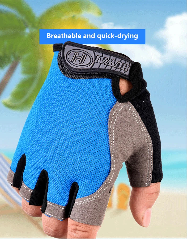Fingerless blue, black, and grey sports glove with breathable mesh and velcro wrist strap.