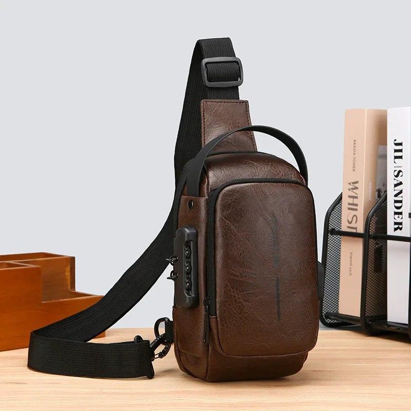 Brown faux leather anti-theft sling bag with a secure combination lock, black strap, and built-in USB charging port.