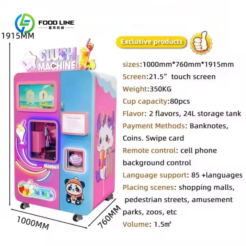 Pink and blue commercial slush vending machine with touchscreen, cute animal graphics, and payment slots.