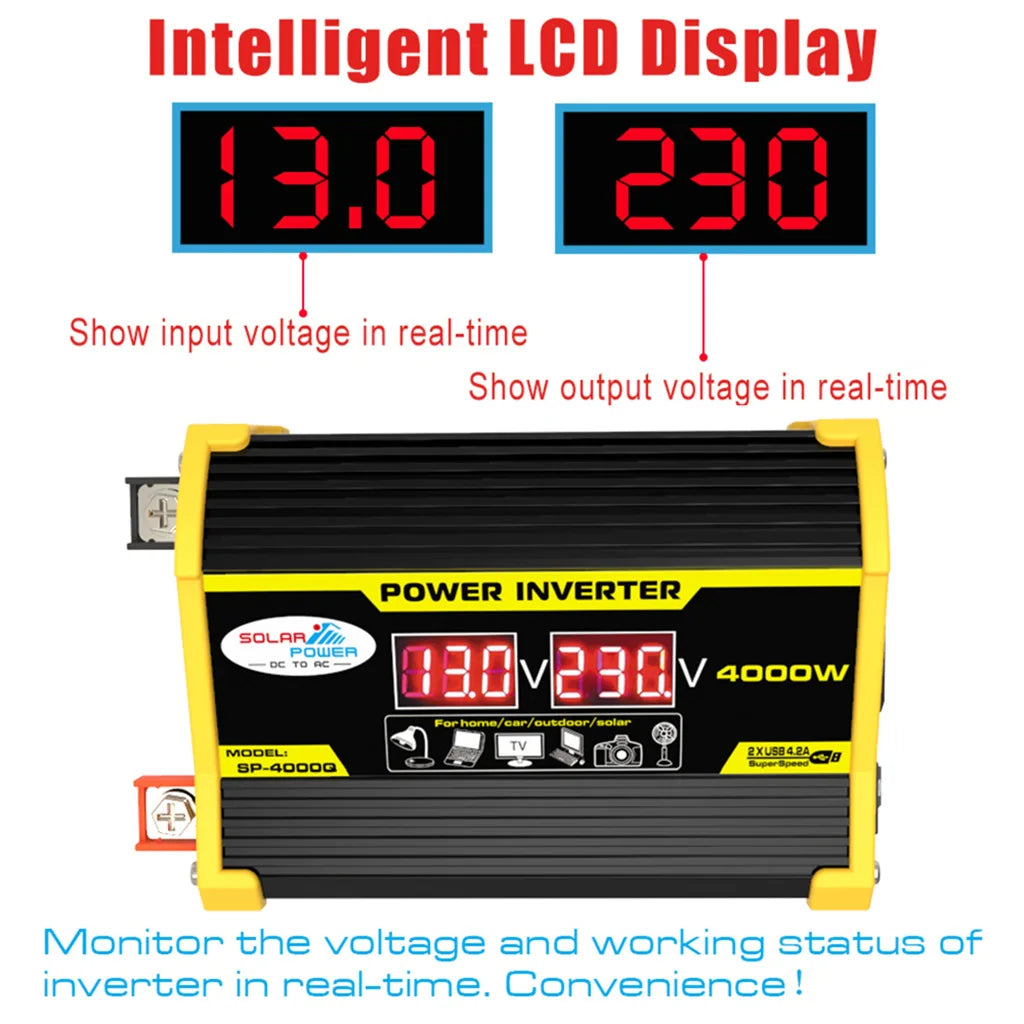 Black and yellow 4000W power inverter with a digital LCD screen showing real-time input and output voltage.