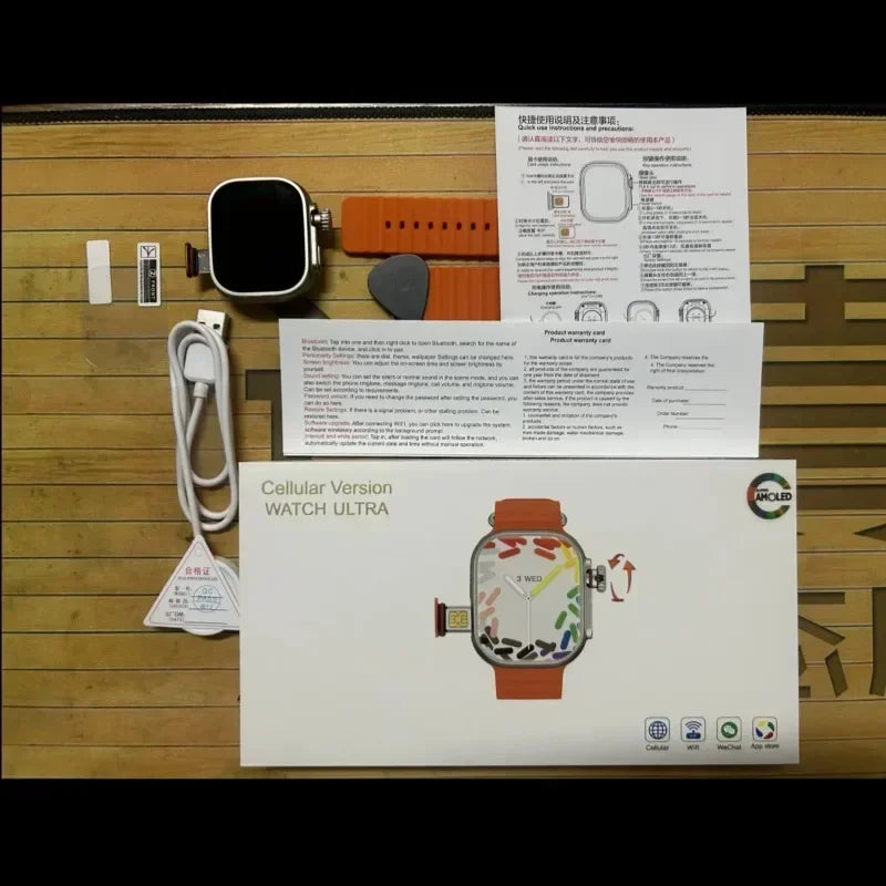 Silver 4G smartwatch with an orange silicone strap, featuring a unique 180° rotary camera, charger, and manual.