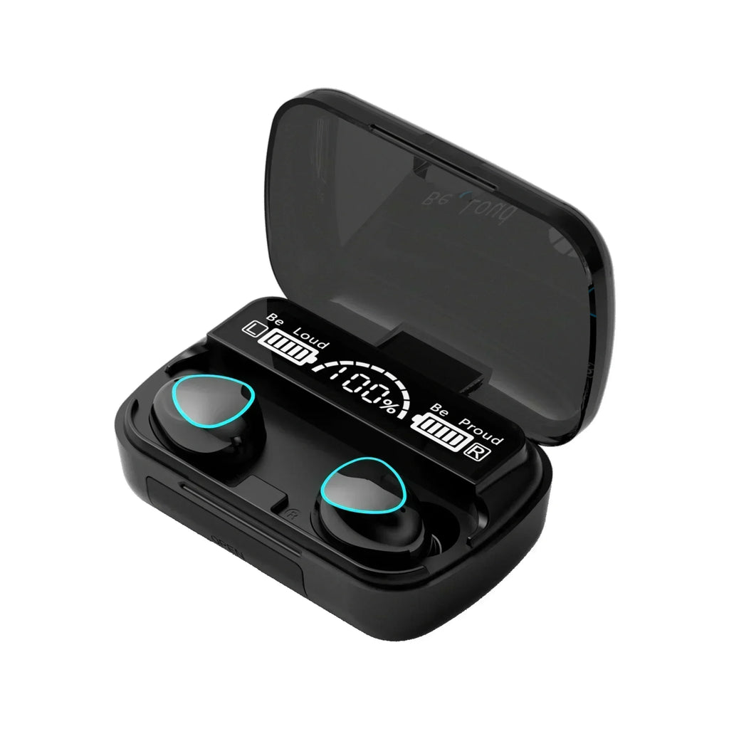 Black wireless earbuds in an open charging case featuring a digital battery percentage display and blue accent lights.