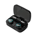 Black wireless earbuds in an open charging case featuring a digital battery percentage display and blue accent lights.