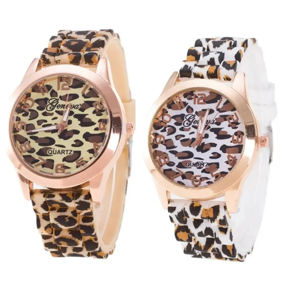 Two women’s quartz watches with leopard print silicone straps and rose gold-tone cases, in beige and white styles.