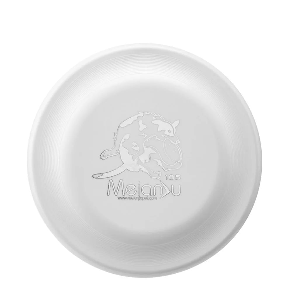 White, lightweight dog fetch disc featuring an embossed illustration of a dog catching a frisbee.