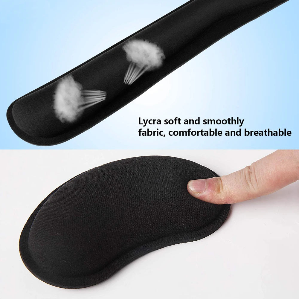 Black ergonomic keyboard and mouse wrist rests made of soft, breathable Lycra fabric with cushioned padding.