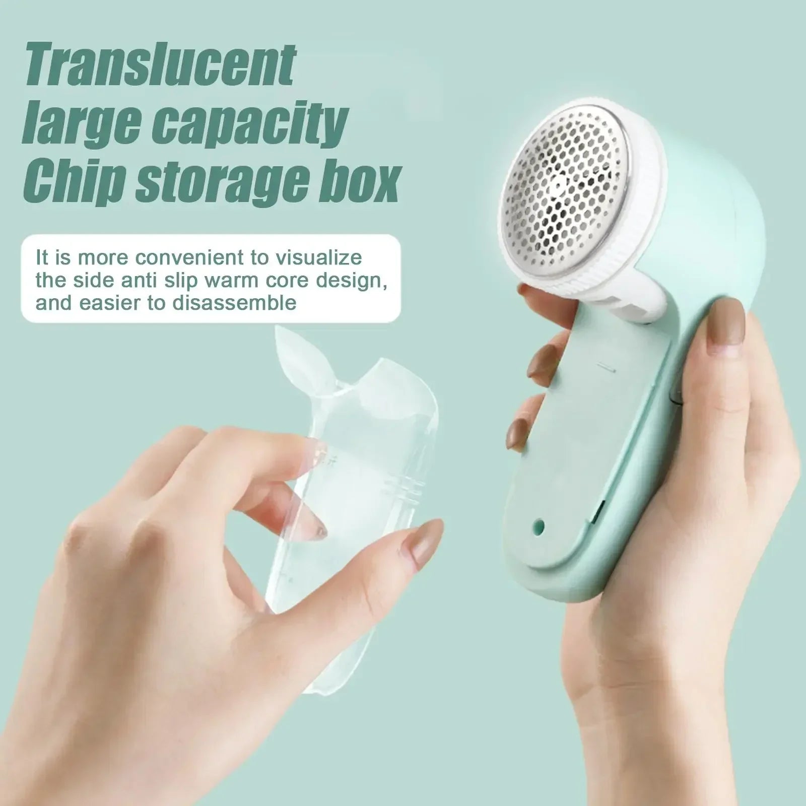 A mint green fabric shaver with a removable translucent lint container held in hands.