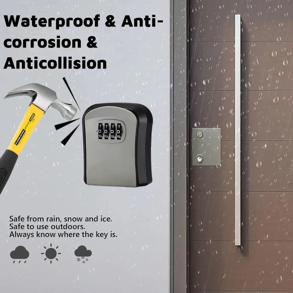 Grey and black metal wall-mounted key lock box with a four-digit combination code dial.