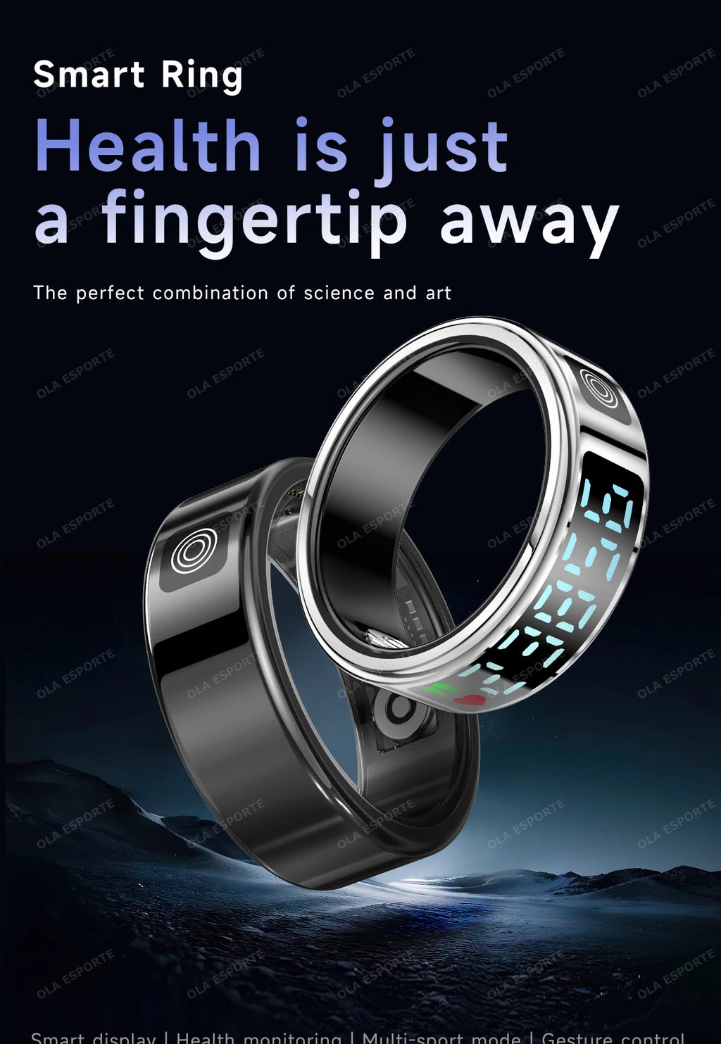 Sleek black smart health-tracking ring with a glowing digital display, sensor icons, and a metallic finish.
