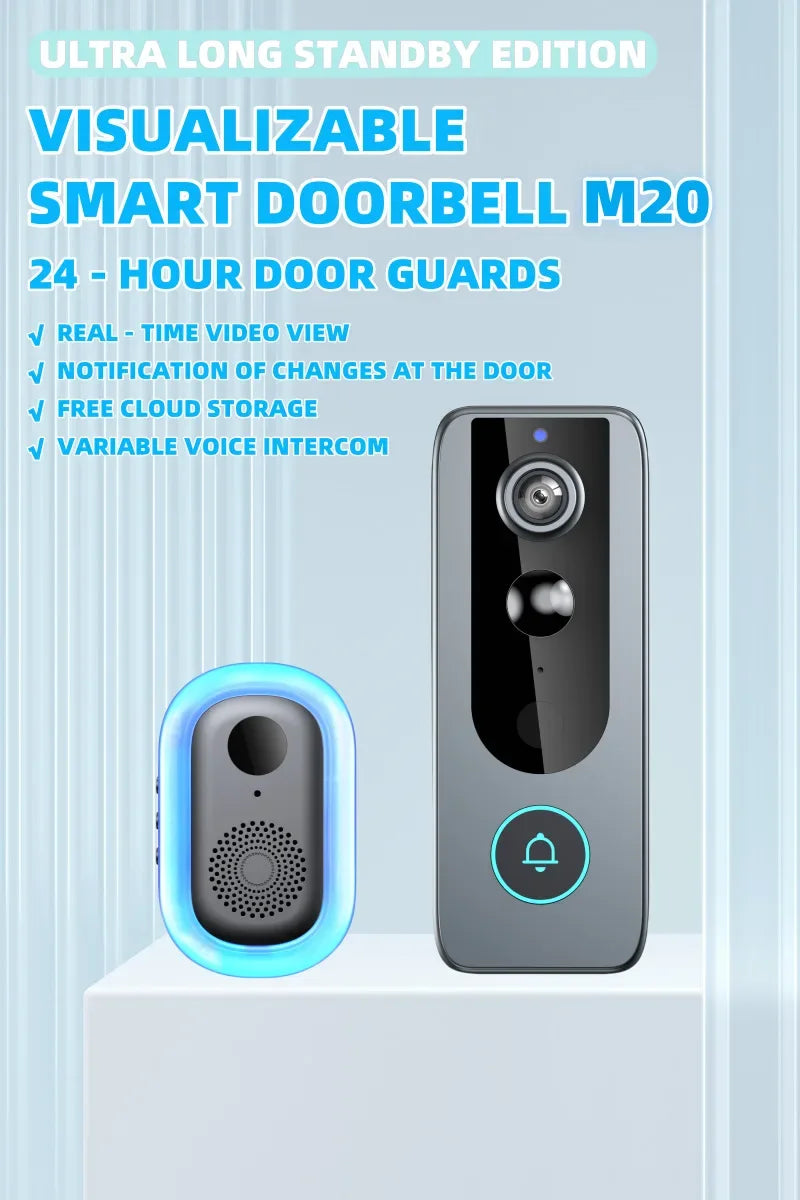 Grey wireless smart video doorbell and indoor chime with a glowing blue ring, set against a pale blue background.