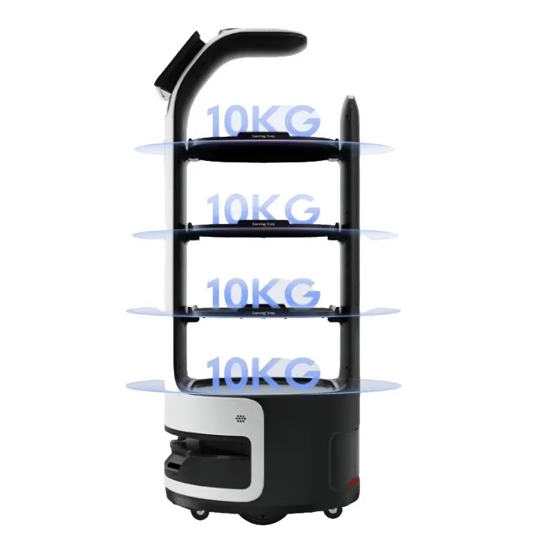 Black and white delivery robot with four trays, each marked with 10KG.