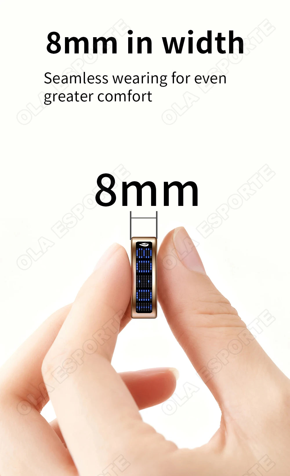 A gold smart health and fitness ring with a sleek, 8mm width design held between fingers.
