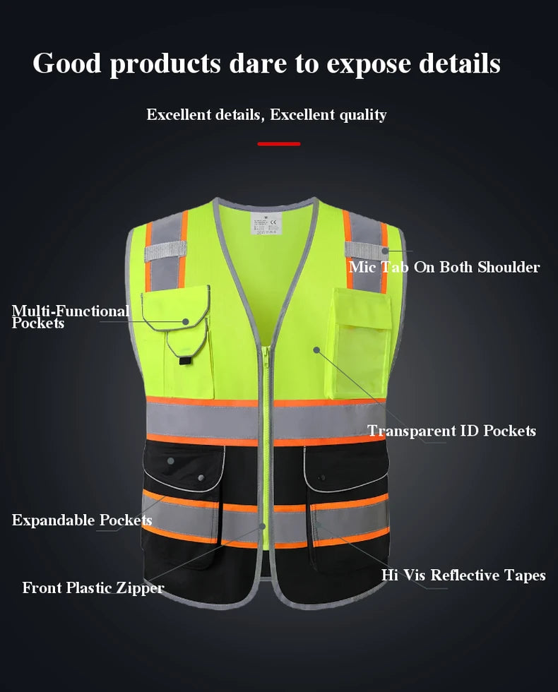 High-visibility yellow and black workwear vest featuring reflective strips, front zip, and multiple utility pockets.