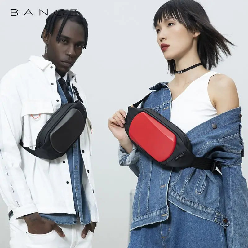 Two models wearing sleek, waterproof chest bags with a hard-shell front panel, available in solid black and red.