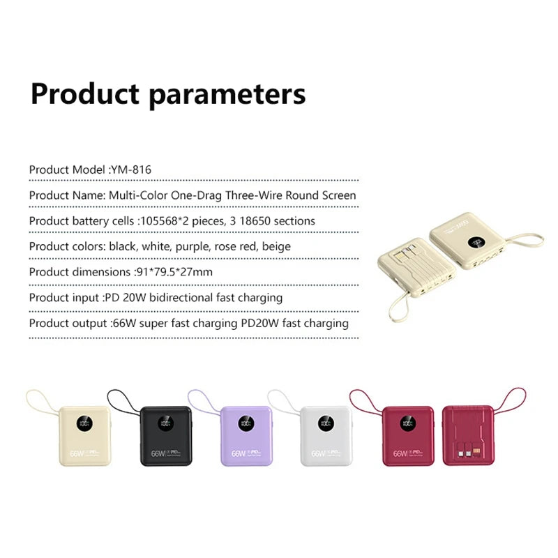 Compact 50,000mAh power banks with digital displays, built-in cables, and carry loops, available in five colours.
