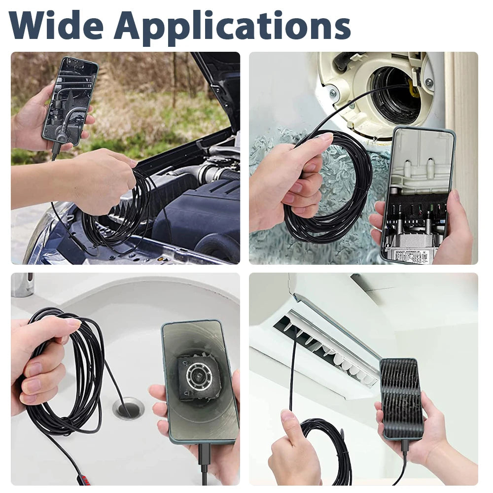 Four images show a slim black inspection camera cable connected to a smartphone, inspecting engines, pipes, and vents.