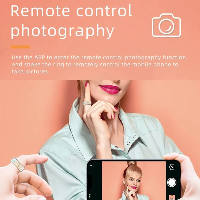 A person wearing a patterned silver smart health ring, demonstrating its remote camera shutter feature via a smartphone.