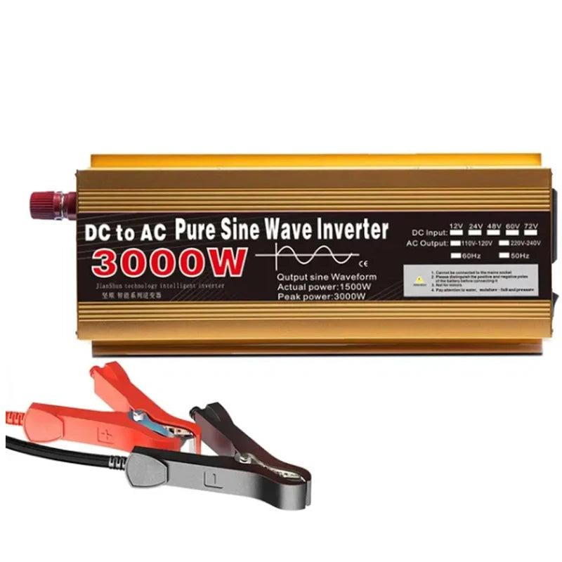 Gold-coloured 3000W DC to AC pure sine wave power inverter with red and black battery connection clamps.