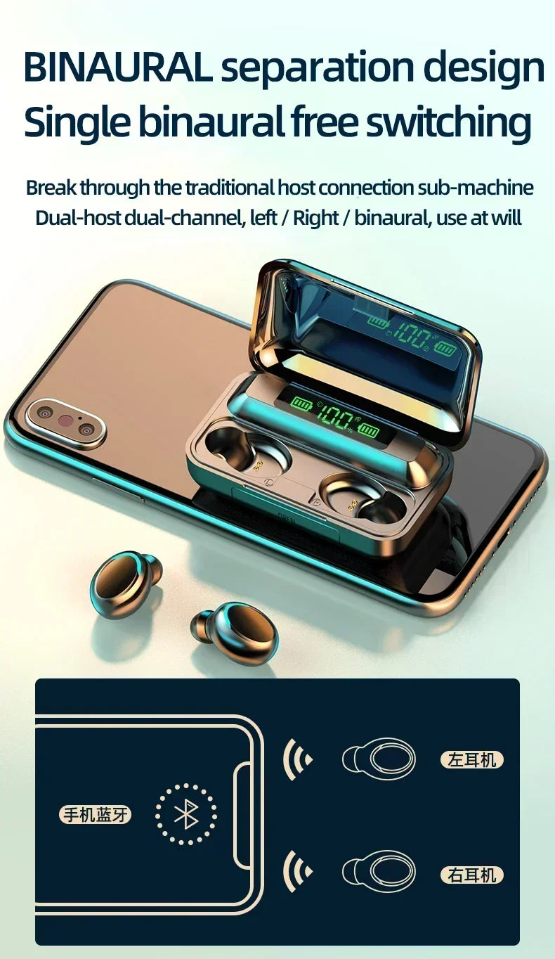Wireless earbuds in a metallic grey charging case with a digital battery display, resting on a smartphone.