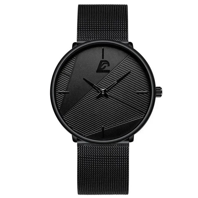 Minimalist men's ultra-thin quartz watch in matte black, featuring a textured dial and a sleek mesh strap.
