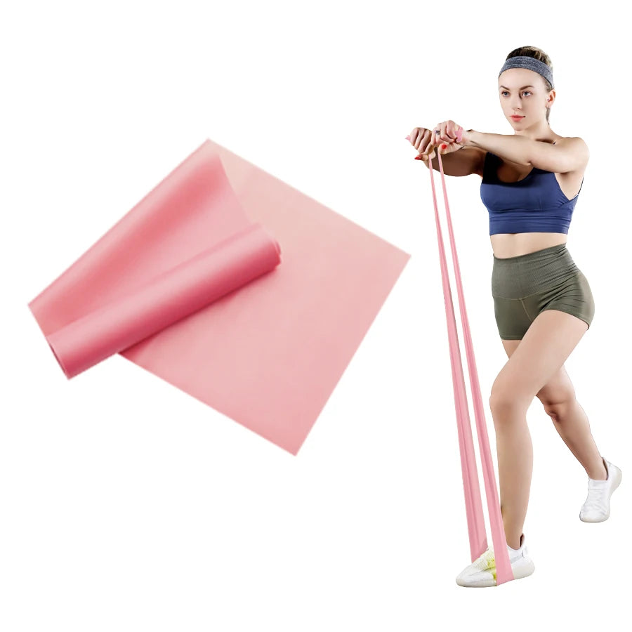 Pink resistance band shown flat and in use by a person doing an upper body exercise.